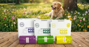 Biodegradable dog poop bags in lavender, unscented and lemon scents with rolls, displayed outdoors with golden retriever in park