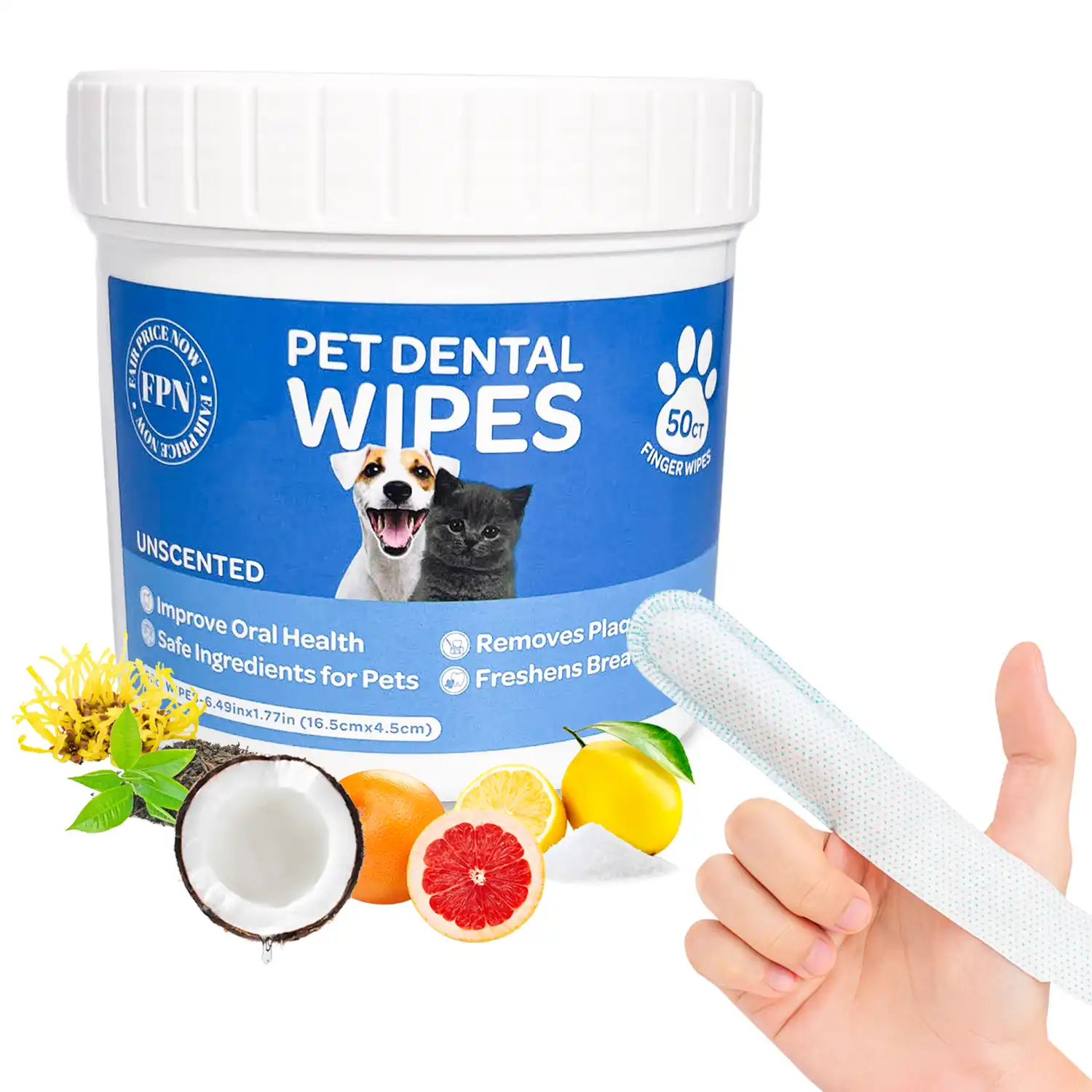 Double-sided pet dental wipe with pearl texture and brushing beads for deep teeth cleaning