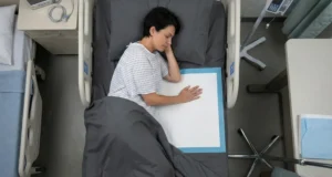 Hospital patient sleeping on side with disposable bed pad in medical room, top view of inpatient care setting