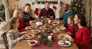 Family enjoying Christmas dinner at festive table with roast turkey, decorations, and holiday tree in cozy home