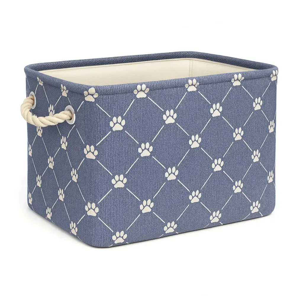 Medium Polyester Pet Bin – Trellis Paw Print, Blue (16x10x12")