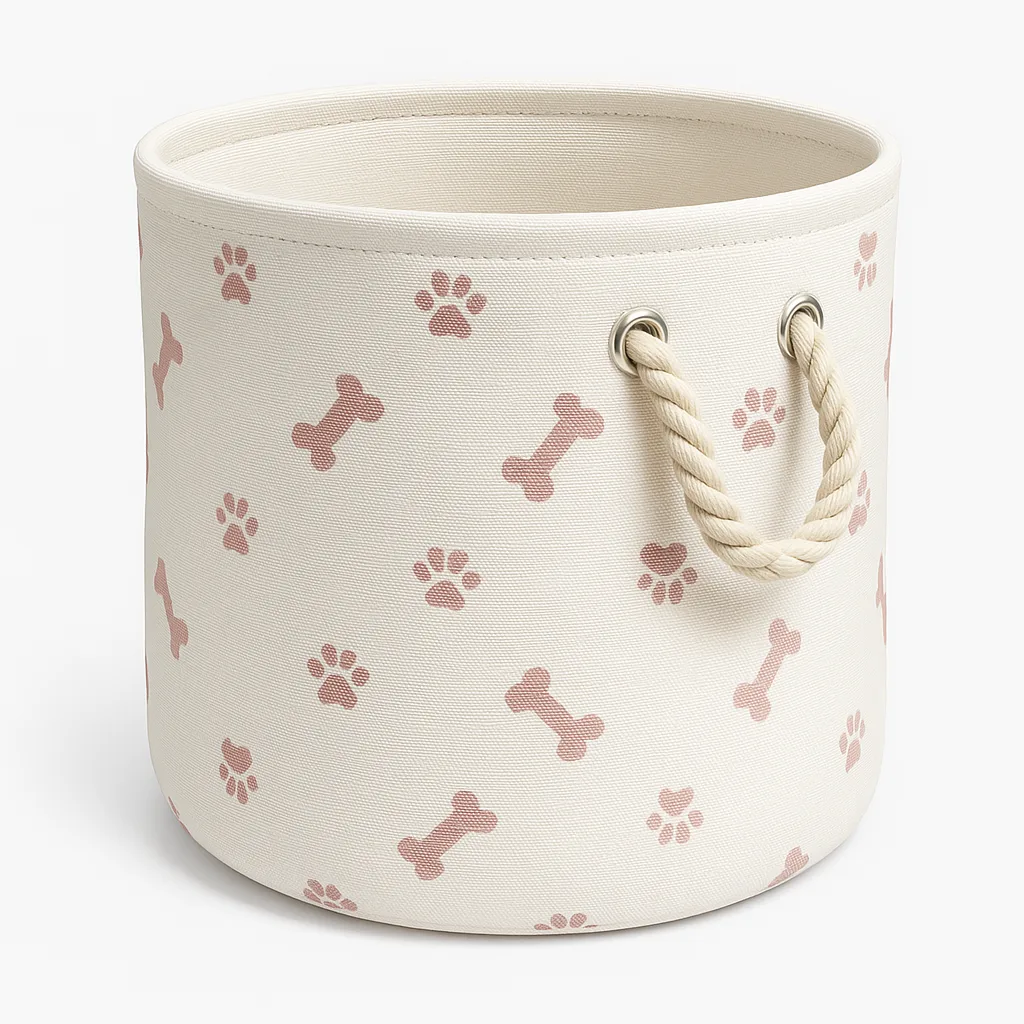 Medium Round Polyester Pet Bin with Paw & Bone Rose Design