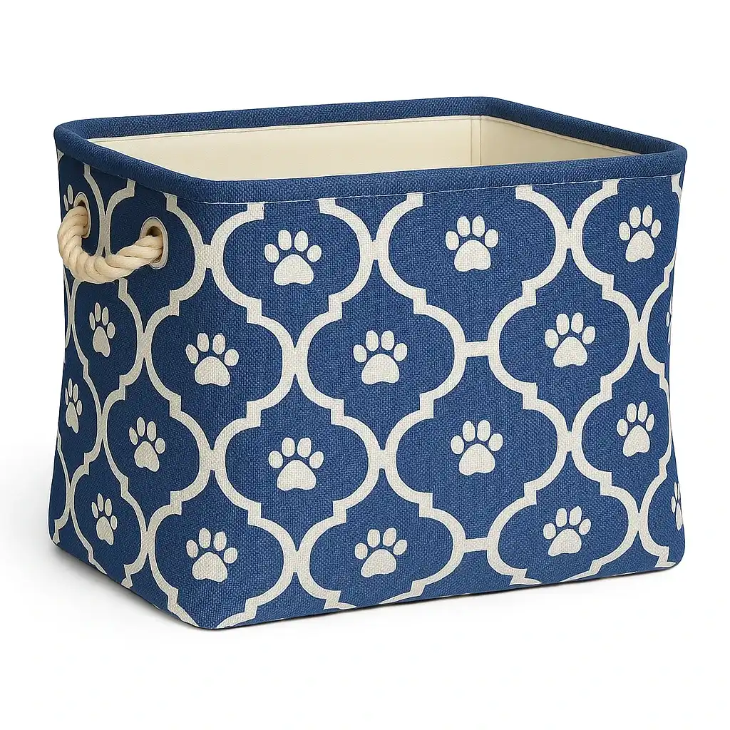 Large Polyester Pet Bin – Nautical Blue Lattice Paw Design, Rectangle