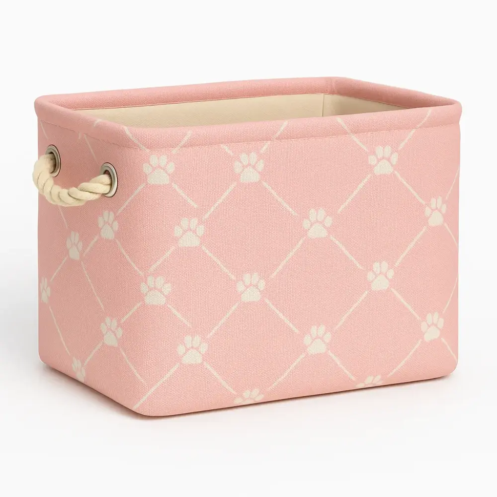 Small Pink Polyester Pet Bin with Paw Print – Rectangle 14x8x9
