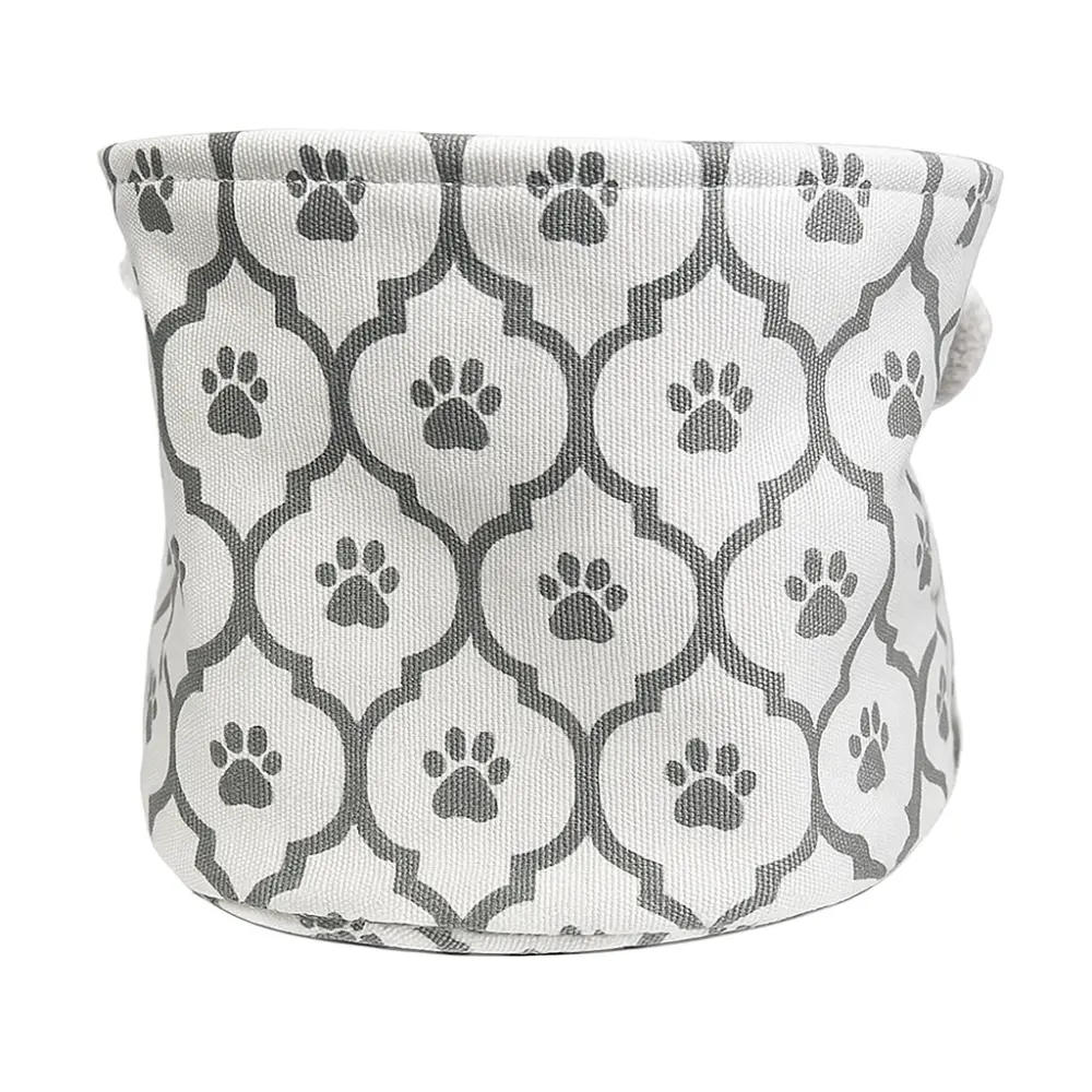 Small Round Gray Polyester PET Bin with Paw Lattice Design 9x12x12 Inch