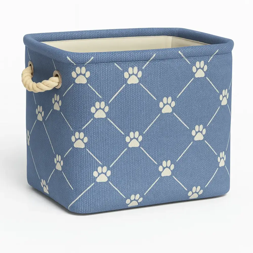Small Stonewash Blue Paw Print Polyester Pet Bin Trellis – 14x8x9 Rectangle