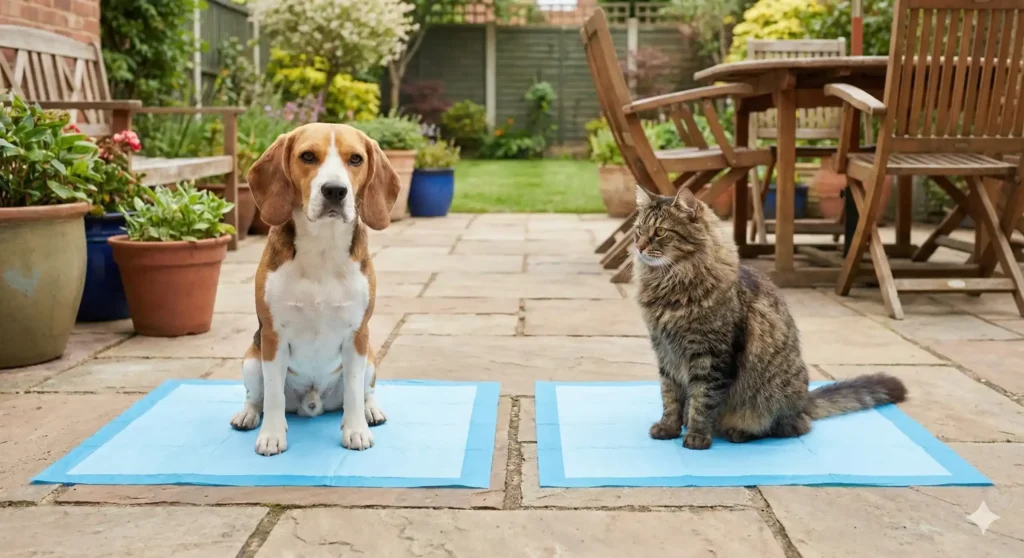 A dog and a cat sitting on blue pet training pad in the backyard