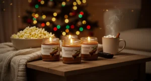 Three sandalwood candles burning on wooden table with popcorn and hot cocoa, cozy Christmas lights in background