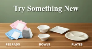 Promotional image with “Try Something New” text showcasing pee pads, compostable bowls and plates on table